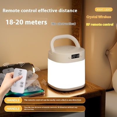 White rechargeable LED table lamp with a digital clock display and a light gray carrying handle. - Image 2