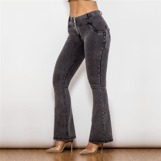 Pantalón Jean Negro Recto Cintura Media Pierna Ancha Levantacaderas con Elástico - Image 5
