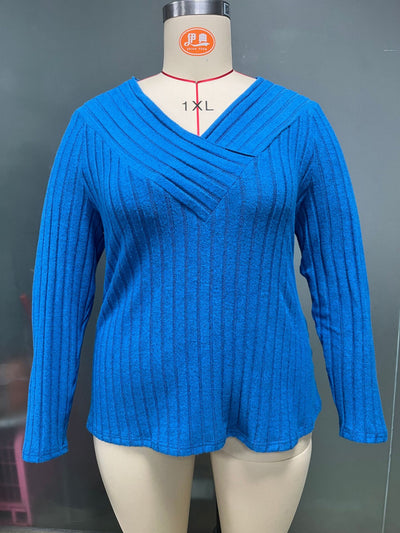 Suéter Tipo Polera Plus Size Cuello V Cruzado Manga Larga Textura Acanalada - Image 12
