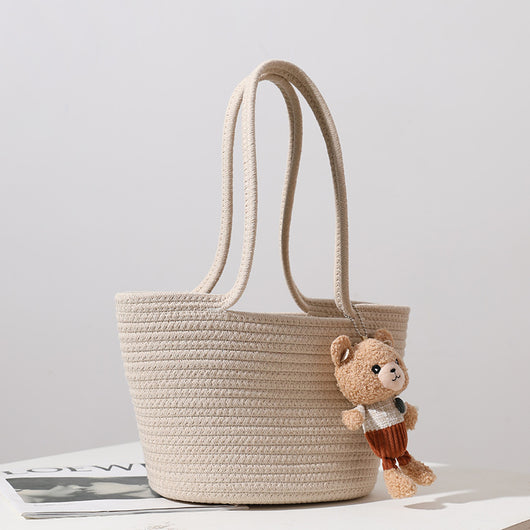 Bolsa de Hombro Tejida en Algodón con Detalles de Rafia - Image 3