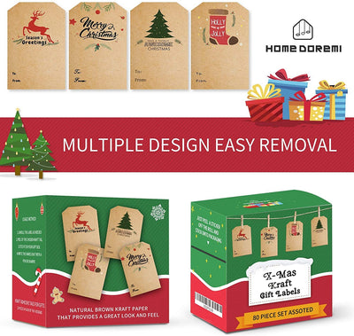 Kraft paper Christmas holiday gift sticker roll with various designs including reindeer, Christmas trees, and Merry Christmas text. - Image 9