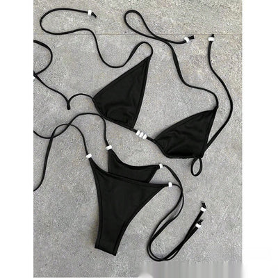 Simple women's brown separated swimwear with triangle top and thong bottom, featuring lace-up ties and light blue beads. - Image 16