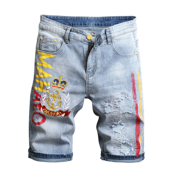 Shorts Vaquero Elástico Hombre Cinco Bolsillos con Bordado