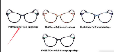 Four pairs of anti-blue light reading glasses with colorful full-rim frames in pink, tea, blue, and violet patterns. - Image 5