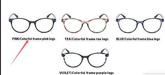 Four pairs of anti-blue light reading glasses with colorful full-rim frames in pink, tea, blue, and violet patterns. - Image 5