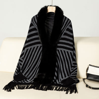 Poncho Tejido de Rayas Otoño Invierno con Flecos Elegante - Image 9