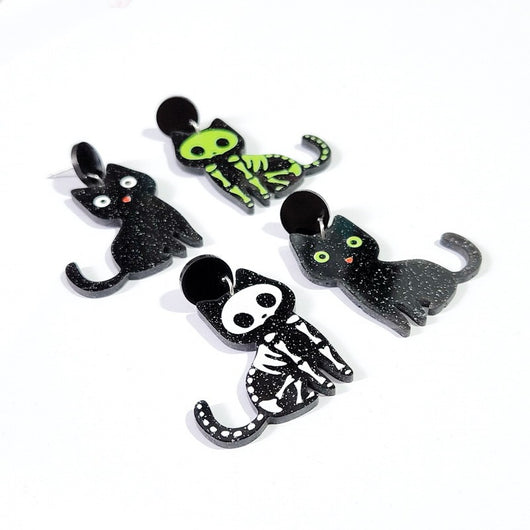 Aretes de Gato Negro con Huesos Halloween - Estilo Gótico Infantil y Adulto