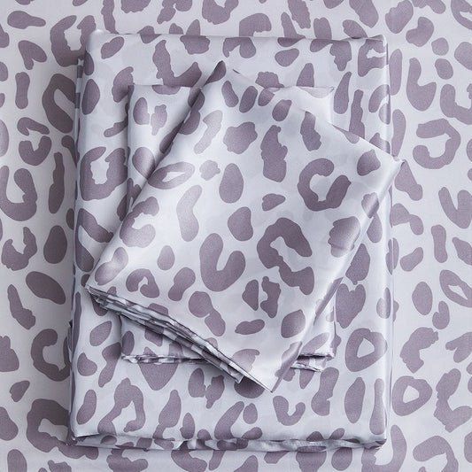 Juego de Sábanas Satinadas de Seda Artificial con Estampado Leopardo Plateado - 4 Piezas - Image 2