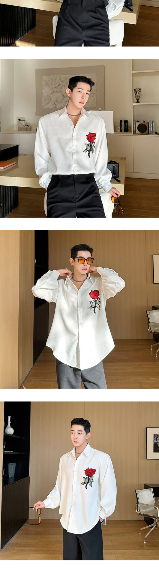 Camisa Pesada para Hombre con Patrón de Rosa Bordada y Tejido Jacquard Texturizado - Image 9
