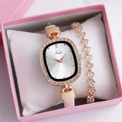 Reloj de Pulsera para Mujer con Brazalete de Diamantes - Conjunto de 2 Piezas