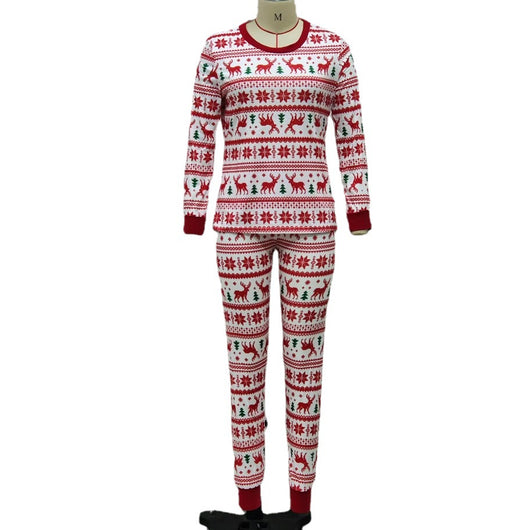White long-sleeved pajama set with red and green Fair Isle Christmas pattern featuring reindeer and trees. - Image 6