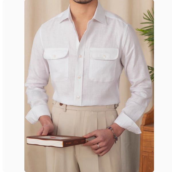 Camisa de Lino Puro de Manga Larga para Hombre - Estilo Business Casual