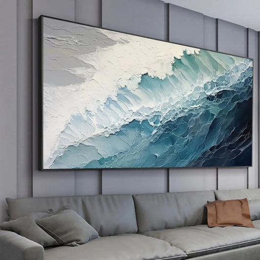 Cuadro Óleo Abstracto Grandes Dimensiones Olas Océano Azul y Blanco Texturizado para Sala - Image 8