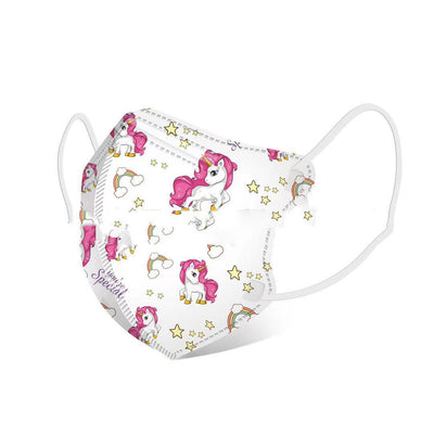White children's 3D protective mask with a cartoon pattern of pink bears, blue cats, and trees, featuring ear loops. - Image 28
