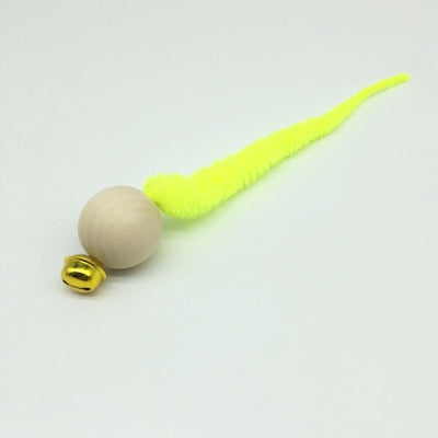 Wooden bead cat toy with a golden bell and a neon yellow fuzzy worm-like attachment on a white background. - Image 11