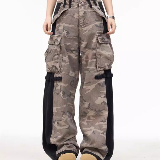 Pantalones Anchos Patchwork Retro con Cremallera Camuflaje Unisex