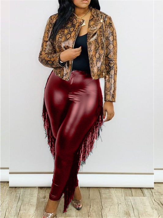 Pantalones de Cuero Premium con Detalle de Borlas - Talla Grande 9 Pulgadas - Image 2