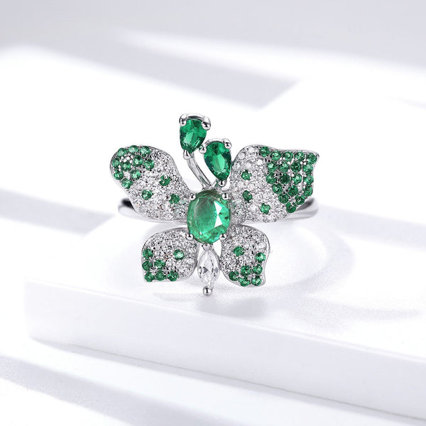Anillo de Plata Mariposa S925 con Esmeralda Natural Incrustada