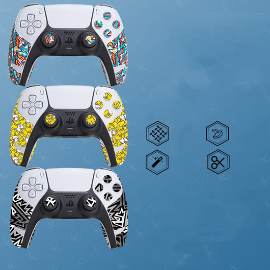 PS5 controller anti-slip grip tape with a yellow rubber duck pattern, shown on a white controller and in packaging.