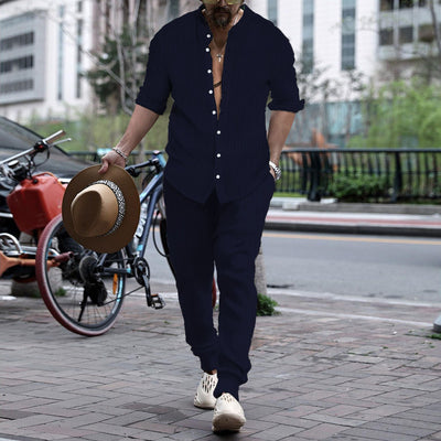 Pantalón y Camisa de Rayas con Cuello Hengli para Hombre - Image 10