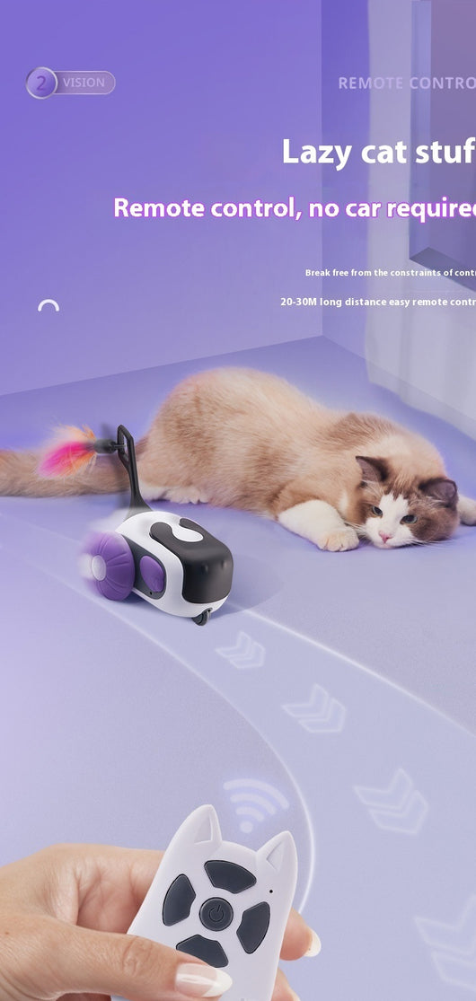 White and black remote control cat toy car with purple wheels and an orange feather, next to a white cat-shaped remote. - Image 10