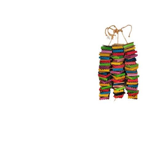 Colorful parrot gnawing toy with stacked cardboard blocks in red, green, yellow, blue, and pink, hanging from a rope. - Image 5