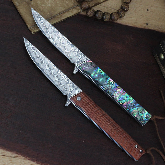 Cuchillo Portátil Damasco con Pluma y Mango de Concha - Outdoor - Image 11