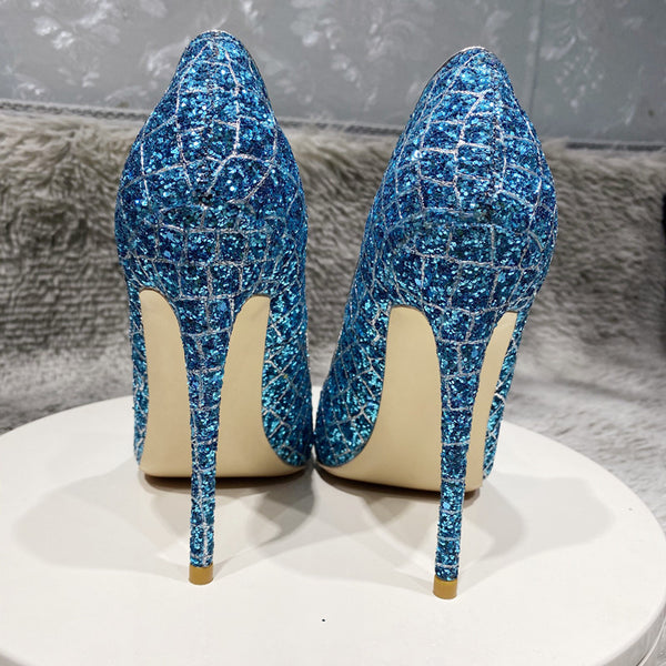 Zapatos de Tacón Alto Azul con Lentejuelas para Bodas y Uso Diario