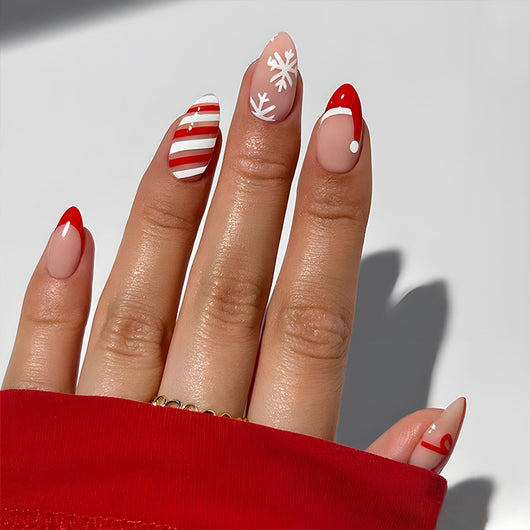 Set de 24 Uñas Postizas Navideñas con Diseños de Sombreros, Rayas y Copos de Nieve - Image 23