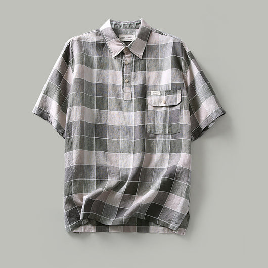 Camisa de Lino Cuadros Casual Japonesa para Hombre - Manga Corta - Image 5