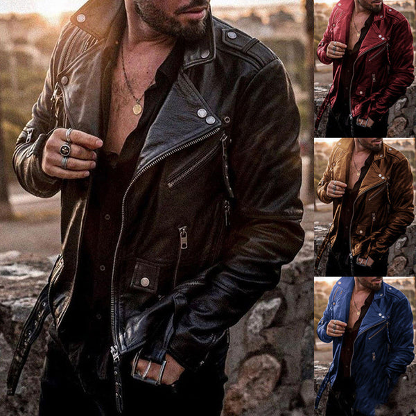 Chaqueta de Cuero para Motociclista Slim Fit con Cuello Alzado