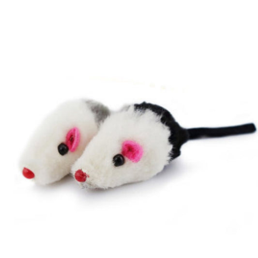 Five fake mouse cat toys with white bodies, grey or black backs, pink ears, black eyes, and red noses.