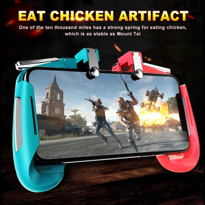 Black and white mobile game controller with L1R1 triggers holding a smartphone displaying a shooter game. - Image 7