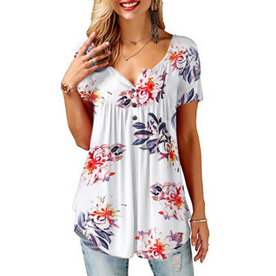 Camiseta Cuello V Estampada para Mujer - Manga Corta Europeo Americano - Image 4