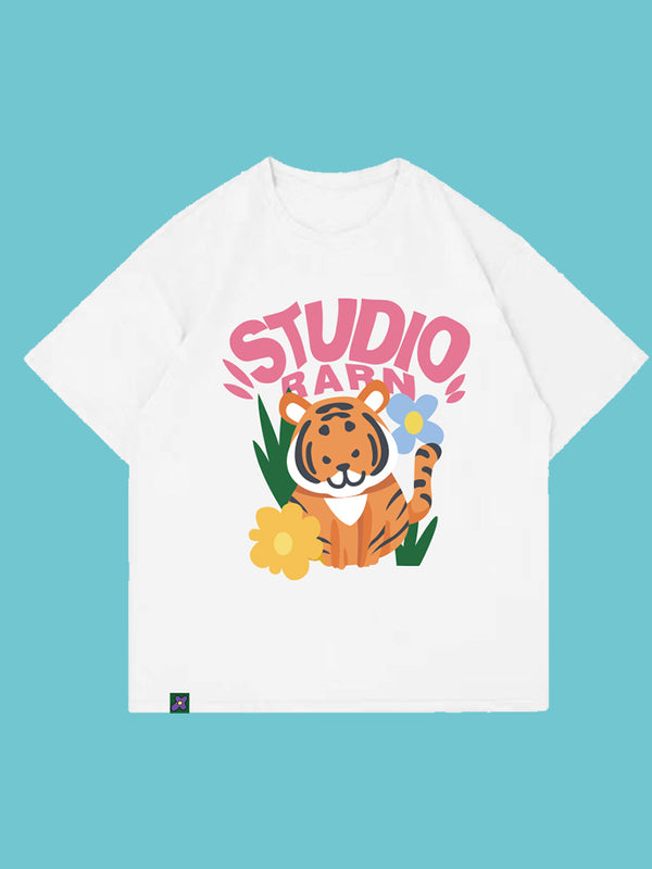 Camiseta Estampada Tigre Adorable con Cabeza Inclinada - Manga Corta