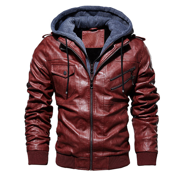 Chaqueta de Cuero PU con Capucha para Hombre