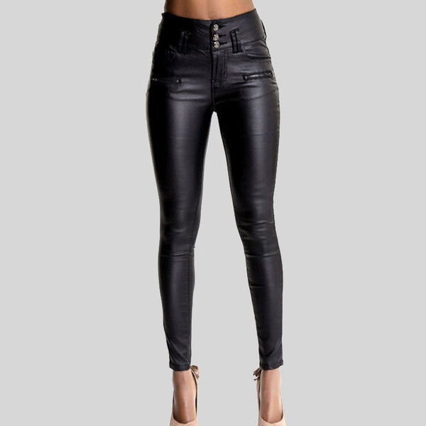 Pantalones Skinny de Cuero Talle Alto con 3 Botones