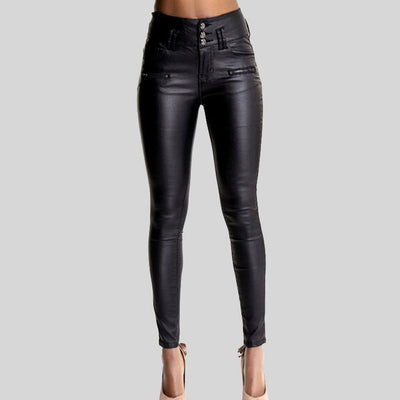 Pantalones Skinny de Cuero Talle Alto con 3 Botones