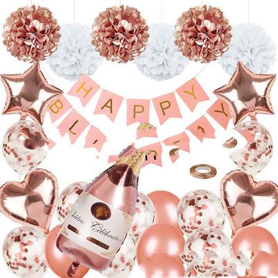 Juego de Globos Oro Rosa con Banderín de Cumpleaños Efecto Bronce