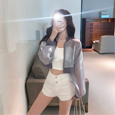 Camisa Protección Solar Ligera con Cierre, Textura Brillante Seda y Rayas Corta - Image 2