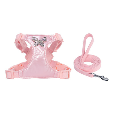 Pink pet harness and leash set with a shiny vest-style harness and rhinestone butterfly embellishment. - Image 3