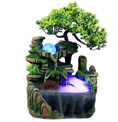 Resin desktop fountain with simulation rockery, a green bonsai tree, glowing orb, and water wheel. Measures 30cm tall. - Image 16
