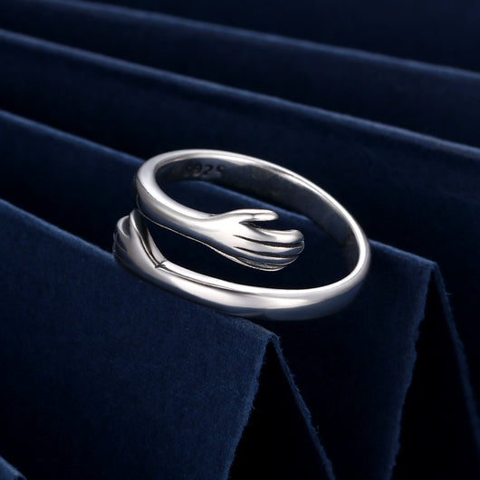 Anillo de Plata 925 Dos Manos Abrazo Retro Tailandés Minimalista - Image 4