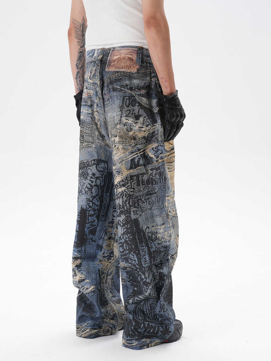 Pantalones Vaqueros Rectos con Estampado 3D Efecto Graffiti Rasgado - Image 4