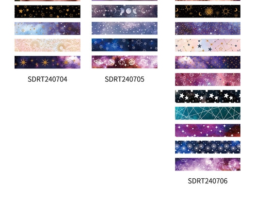 Set of six 1.5cm wide decorative tapes featuring starry sky, zodiac signs, moon phases, constellations, and planets. - Image 18
