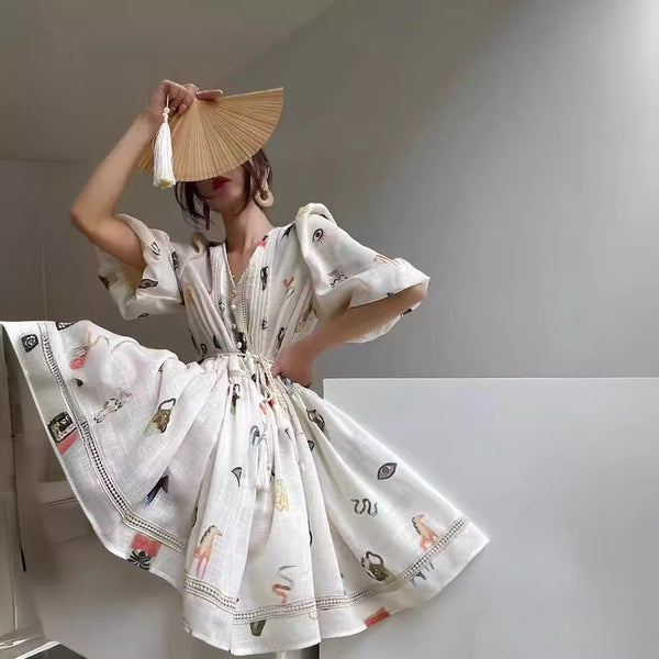 Vestido Retro Francés con Encaje y Mangas Abullonadas para Mujer
