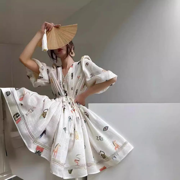 Vestido Retro Francés con Encaje y Mangas Abullonadas para Mujer