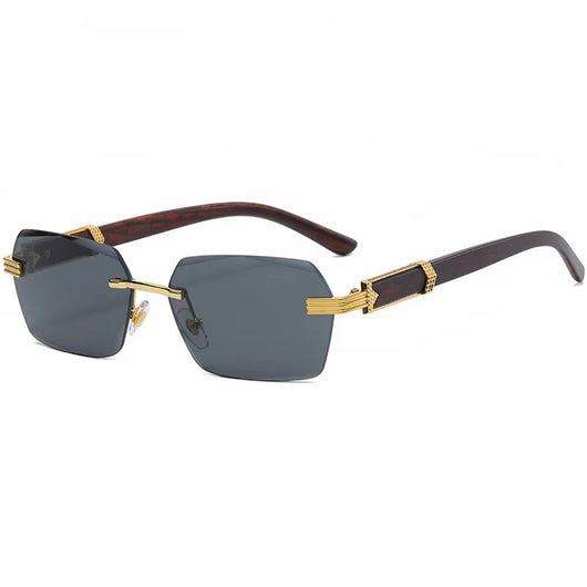 Frameless sunglasses with pink gradient lenses and dark brown wood-look temples with gold-tone accents. - Image 7