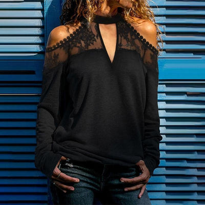 Blusa Suelta V-Neck con Drapeado de Encaje al Hombro - Image 8