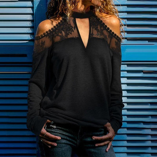 Blusa Suelta V-Neck con Drapeado de Encaje al Hombro - Image 8